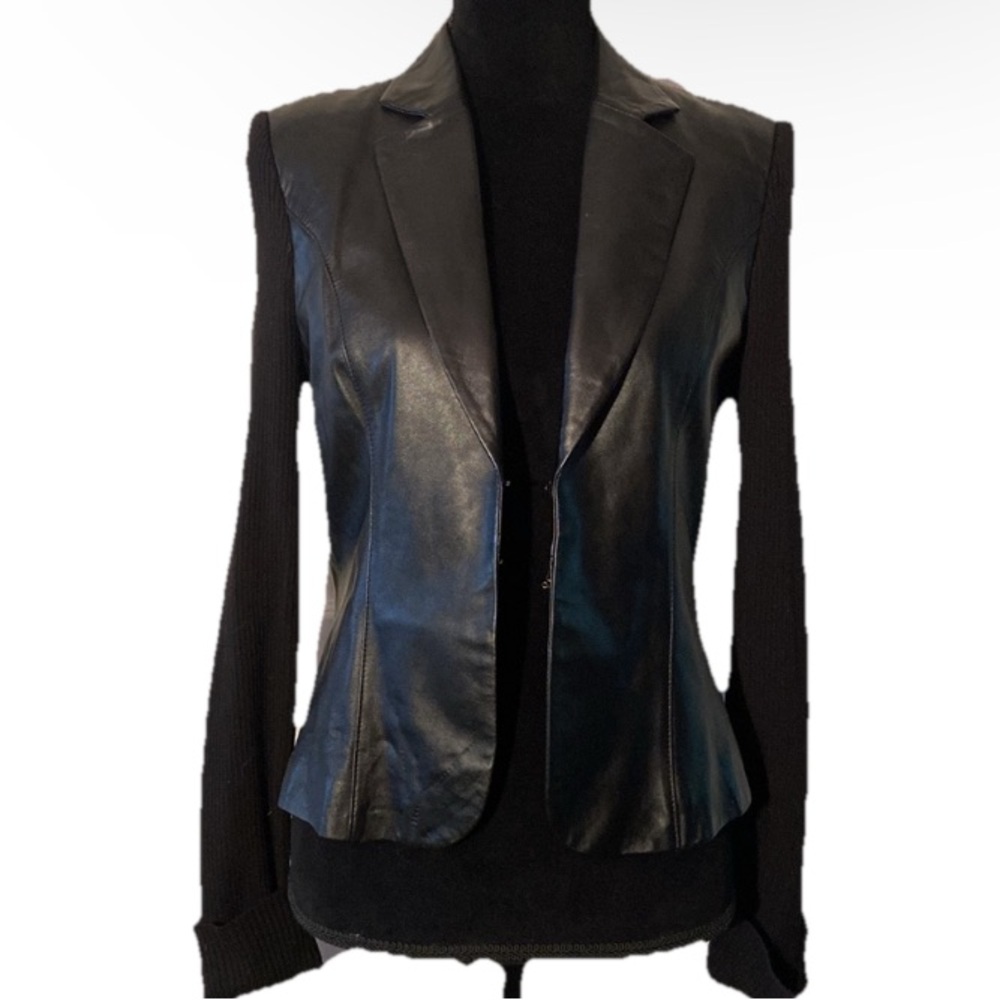 Bianca Nygard VTG Black Leather Jacket Sz 4 Ribbed Knit Sleeves